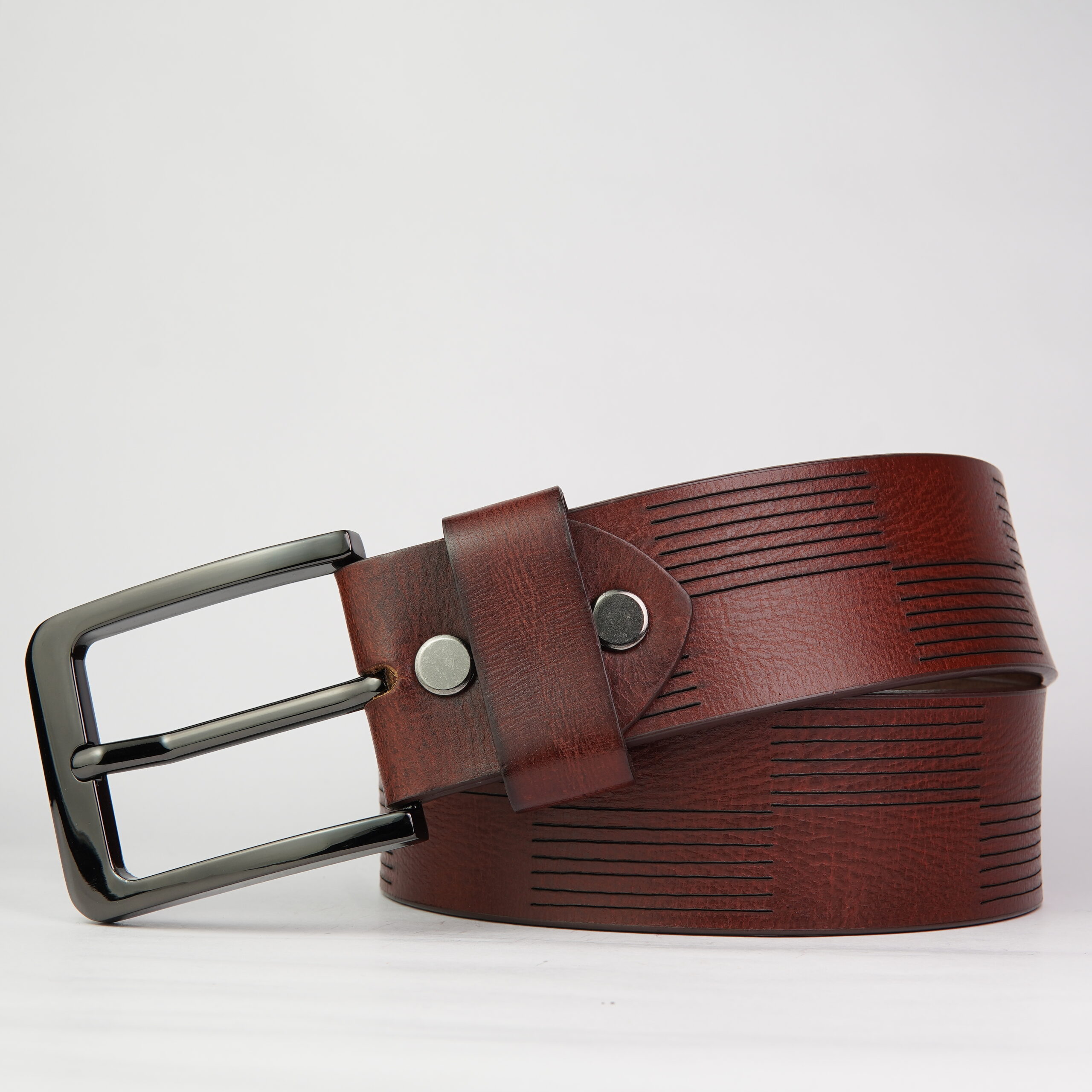 DSC03637 Brown Parallel Line Genuine Leather Belt - Image 1