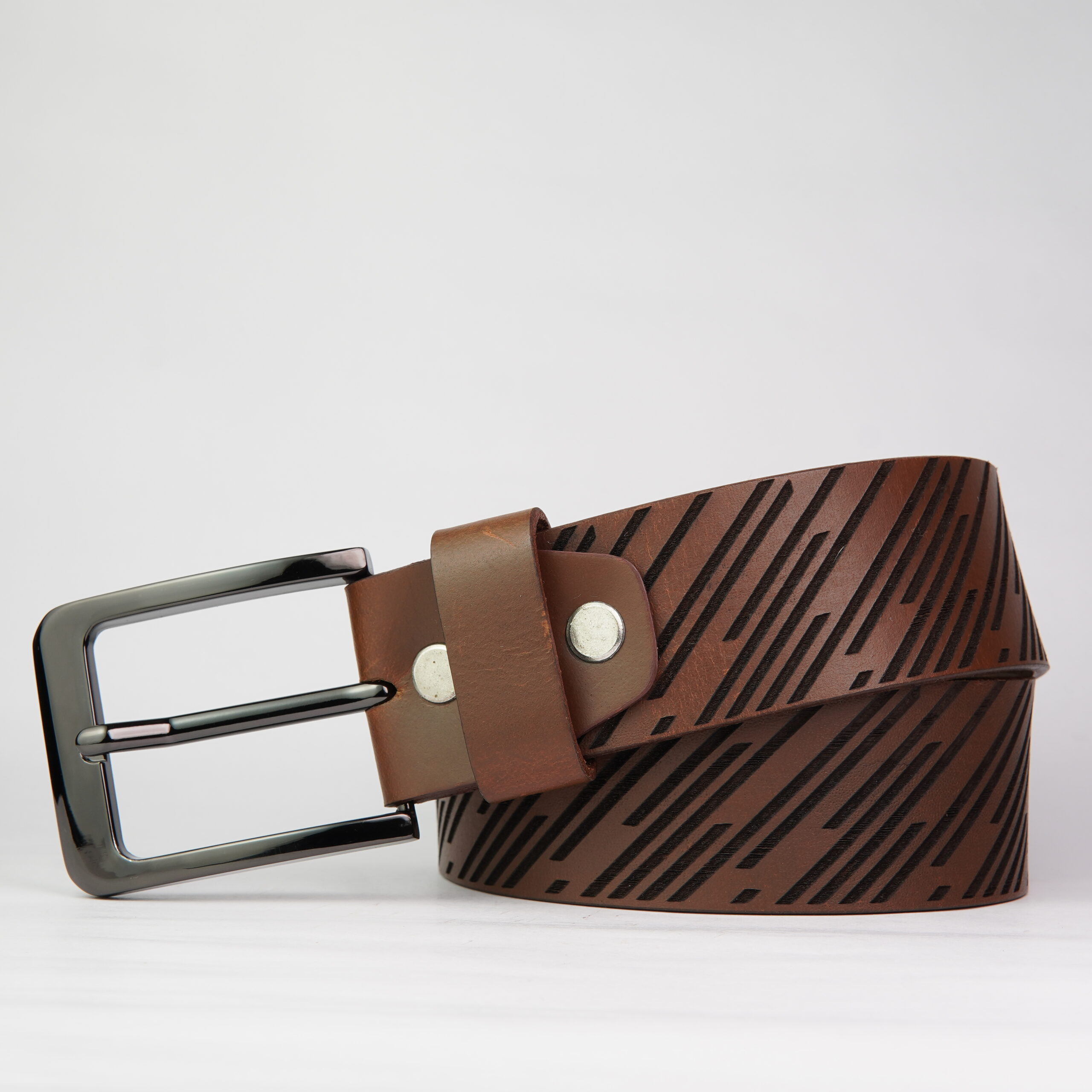 DSC03649 Brown Diagonal Stripe Genuine Leather Belt - Image 1