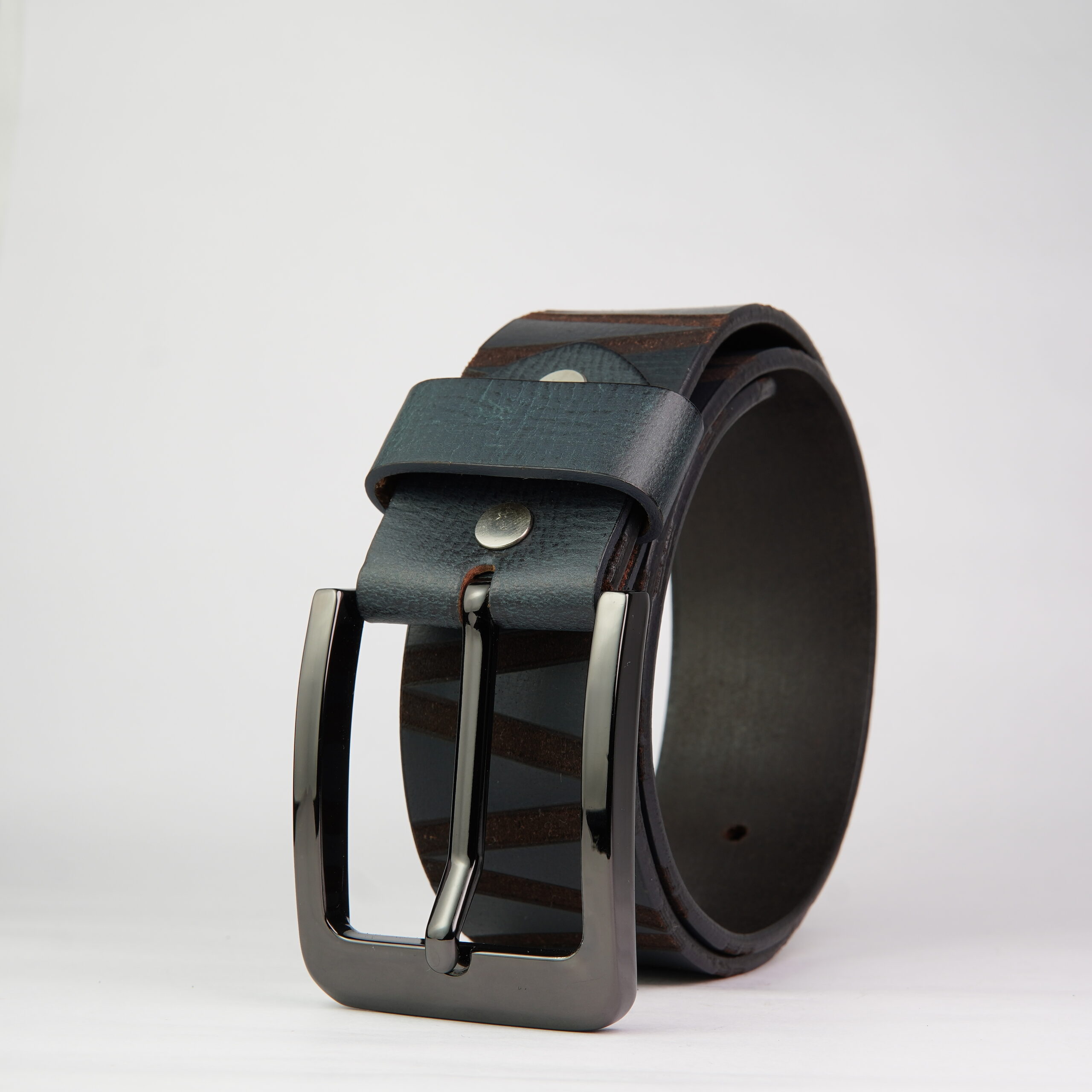 DSC03662 Navy & Brown Linear Vertical Stripe Genuine Leather Belt - Image 1