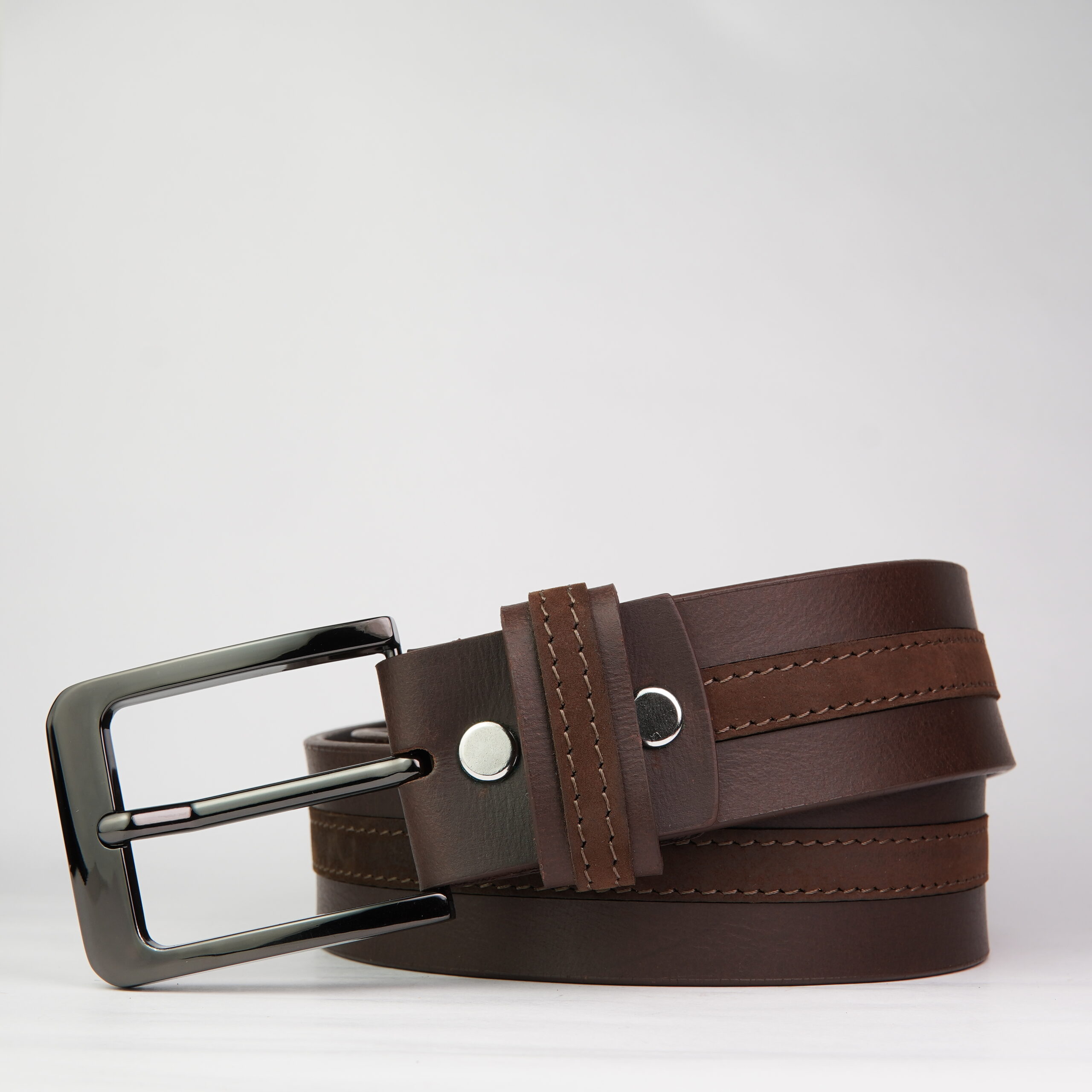 DSC03676 Brown Double Edge Stitch Genuine Leather Belt - Image 1